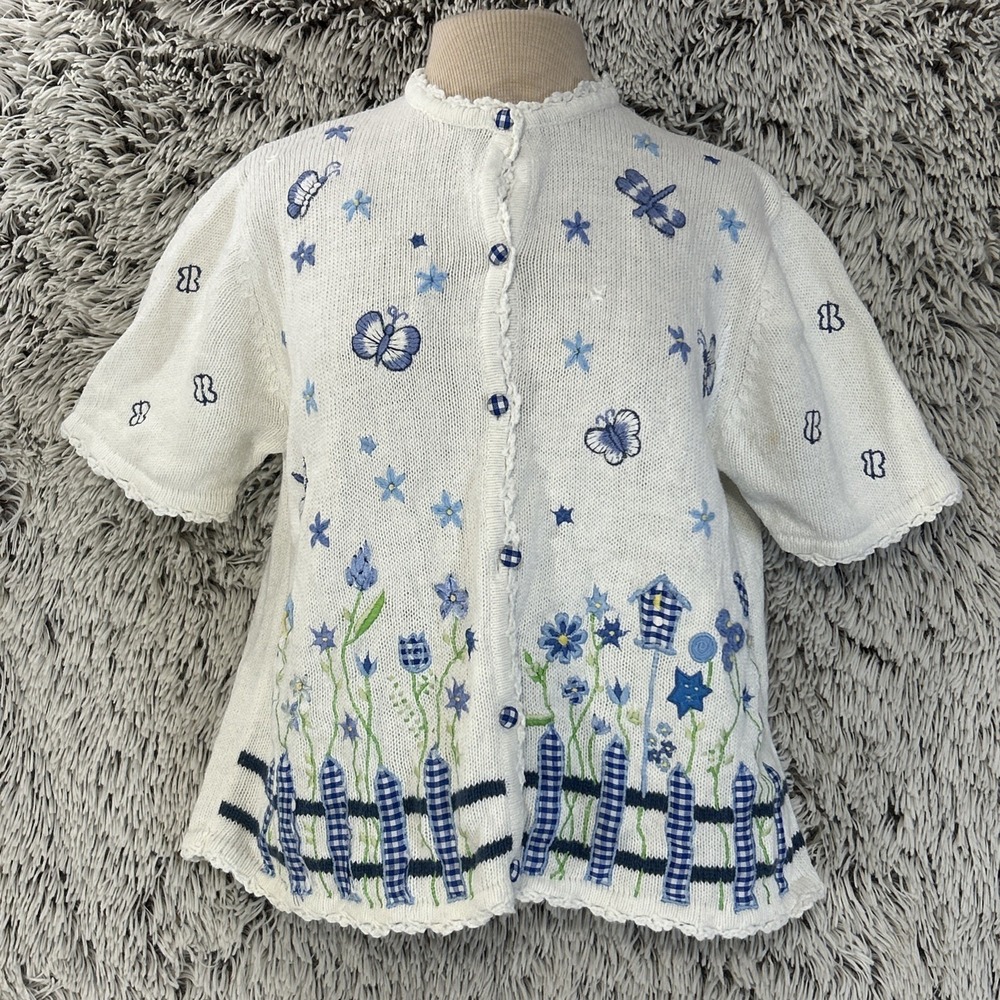 Vintage 90s White  Fairy Granny Cottagecore Butterflies Floral‎ Knit Cardigan M
